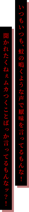 いつもいつも、蚊の鳴くような声で厭味を⾔ってるもんな！聞かれたくねぇムカつくことばっか⾔ってるもんなッ？！